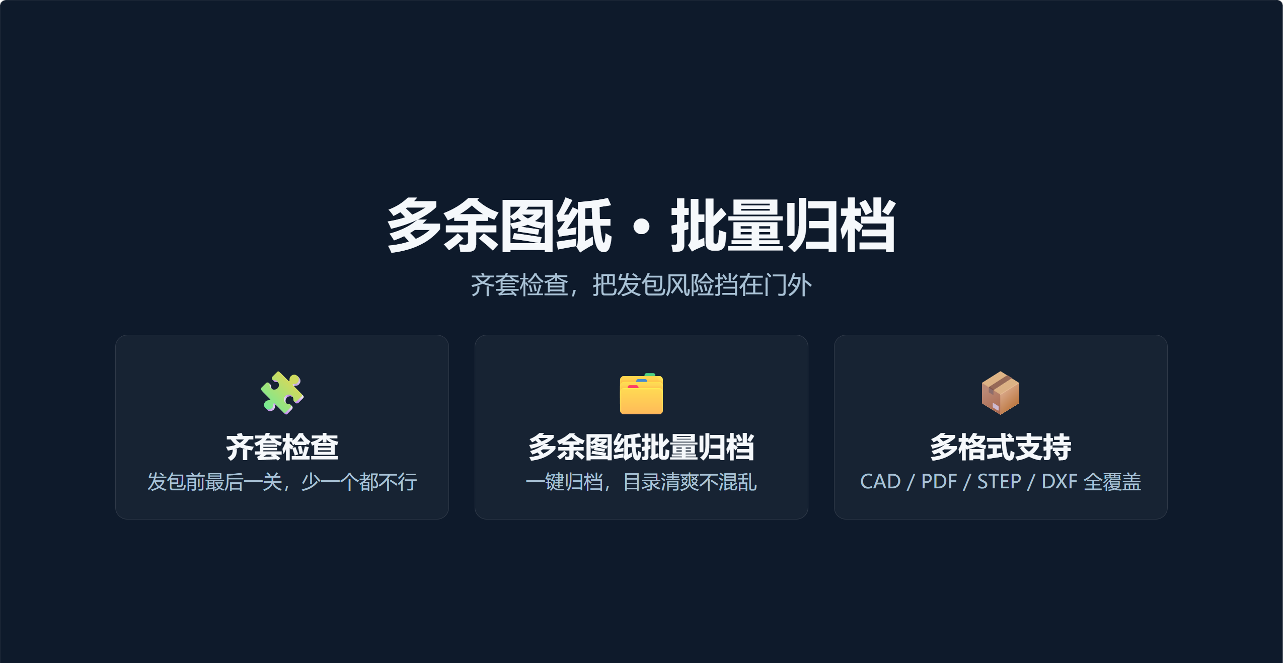 转图核对功能概览,包含齐套检查、多余图纸归档与多格式支持
